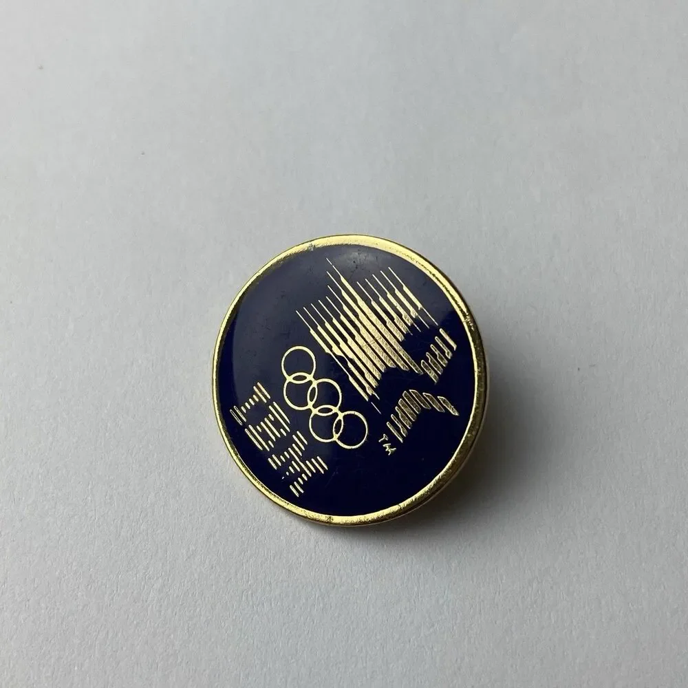 IBM Pinback LA Olympic Rings Black Goldtone Round Official Licensed Sponsor